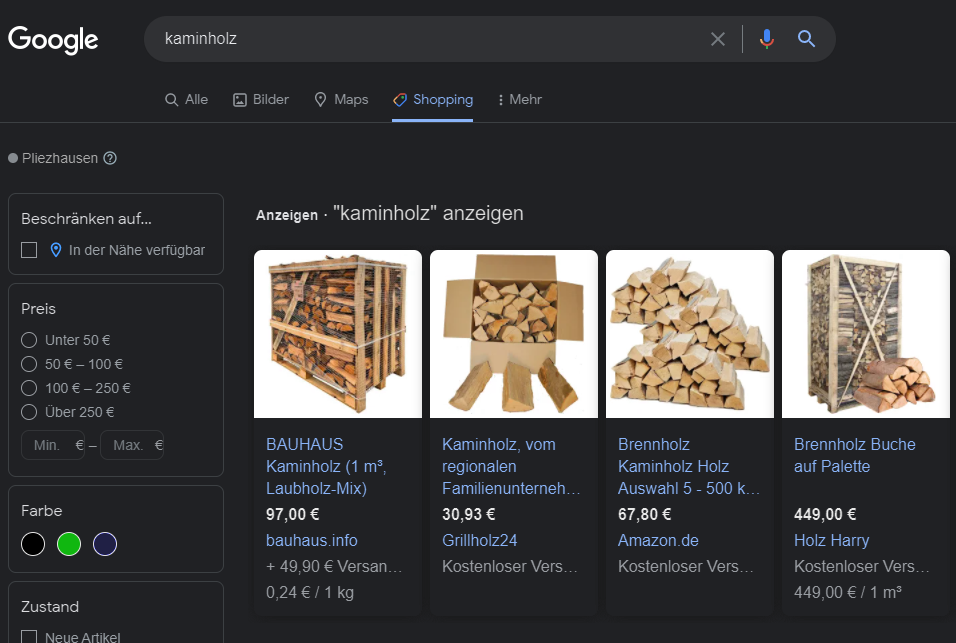 Google Shopping Anzeigen Suchbegriff "Kaminholz"